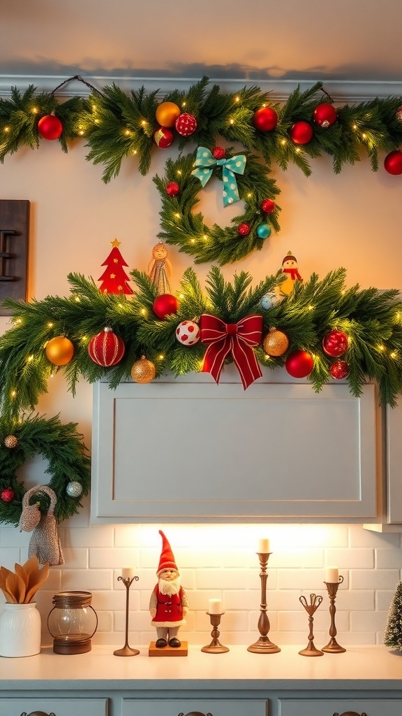 Christmas decor above kitchen cabinets with garland, ornaments, and candles.